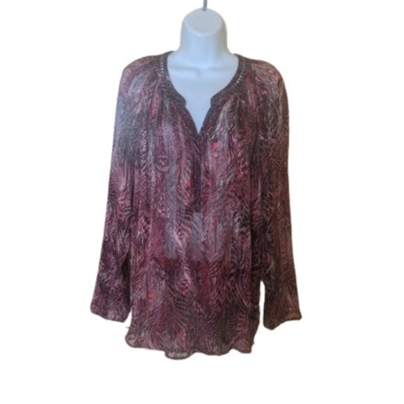 -Semi Sheer Long Sleeve Red Pink Printed Tunic Blouse Size Large - Picture 1 of 5